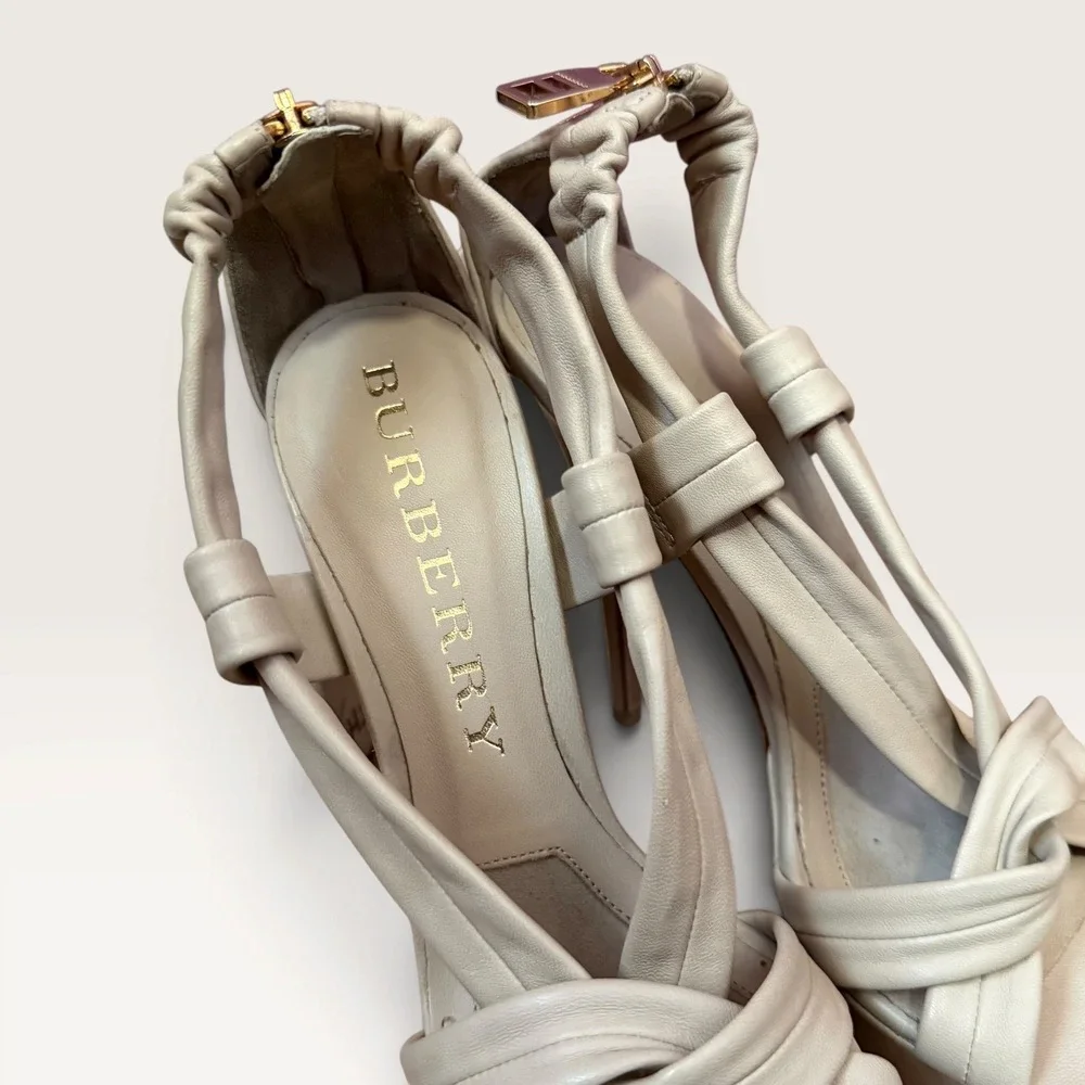 Burberry Prorsum Leather Platform Sandals 37 Cream Knotted Stiletto Heels Italy